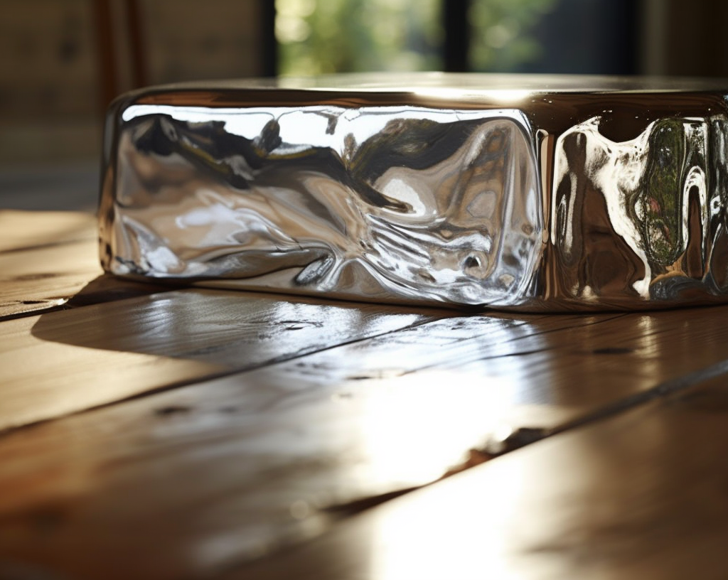 A piece of stone painted with chrome mirror effect paint